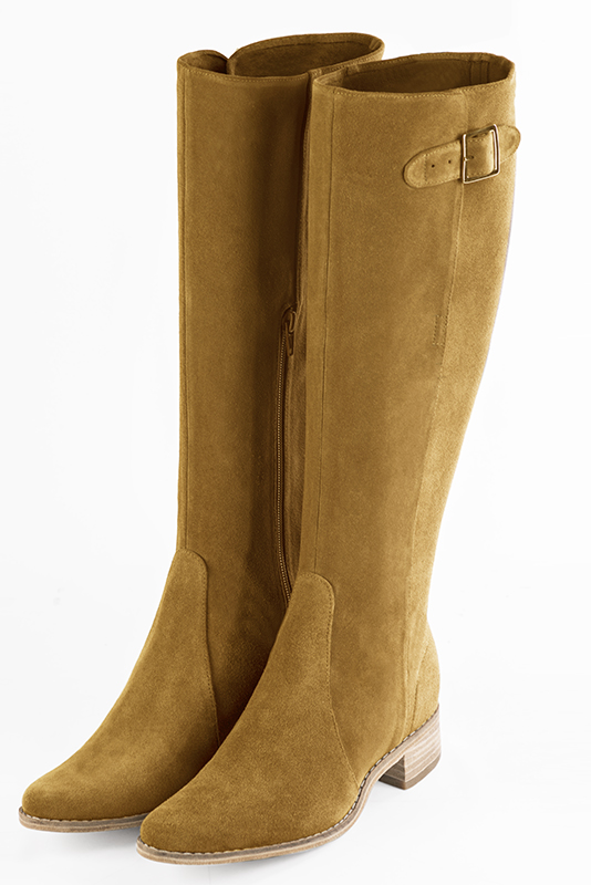 Mustard yellow women's knee-high boots with buckles. Round toe. Low leather soles. Made to measure. Front view - Florence KOOIJMAN